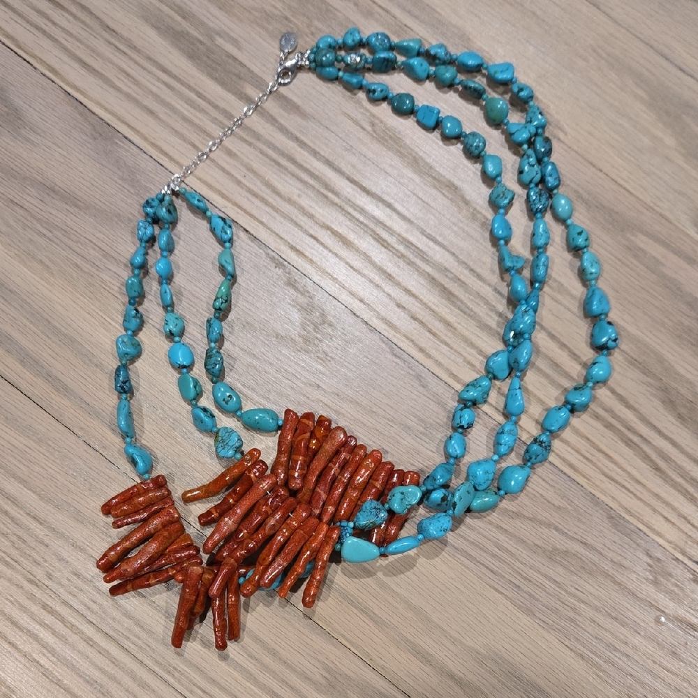 Turquoise and Coral Beaded Necklace - Picture 1 of 1